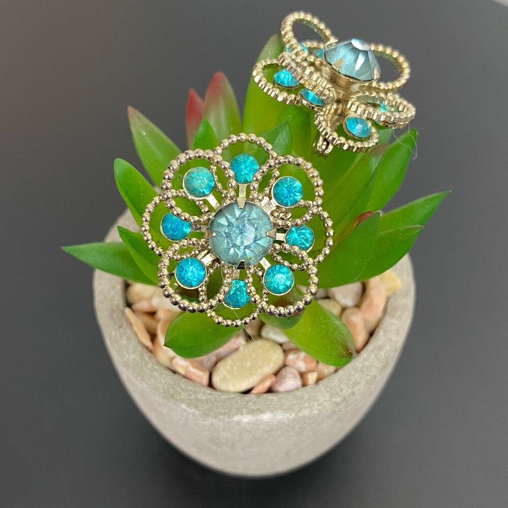 Pair of Vintage Aqua Blue Rhinestone Floral Clip/Pin Brooches | Mid-Century Glam